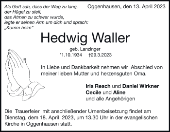 Traueranzeige von Hedwig Waller von Heidenheimer Zeitung