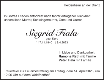 Traueranzeige von Siegrid Fiala von Heidenheimer Zeitung