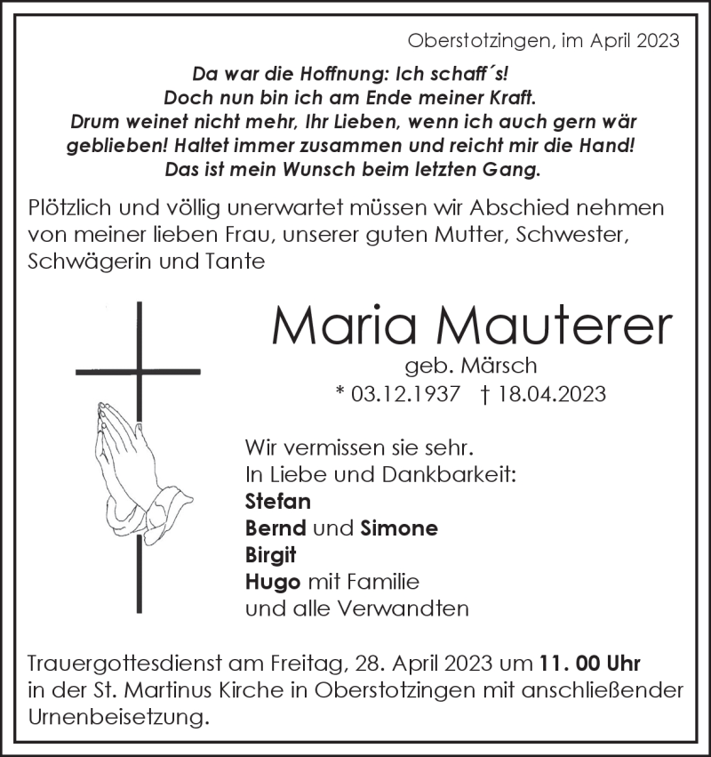  Traueranzeige für Maria Mauterer vom 25.04.2023 aus Heidenheimer Zeitung