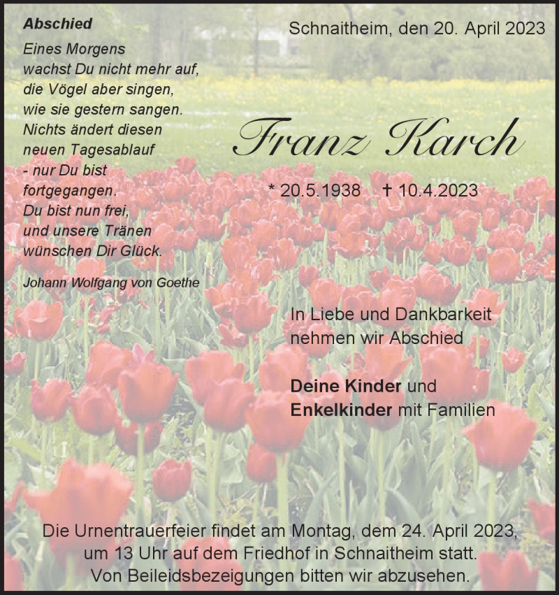  Traueranzeige für Franz Karch vom 20.04.2023 aus Heidenheimer Zeitung