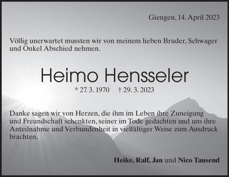  Traueranzeige für Heimo Hensseler vom 14.04.2023 aus Heidenheimer Zeitung