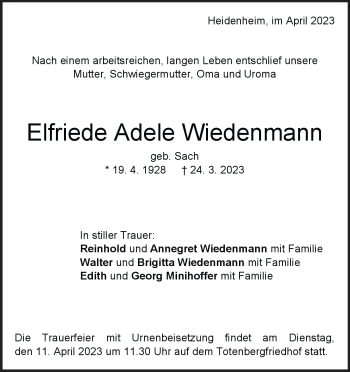 Traueranzeige von Elfriede Wiedenmann von Heidenheimer Zeitung