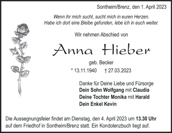 Anzeige Anna Hieber