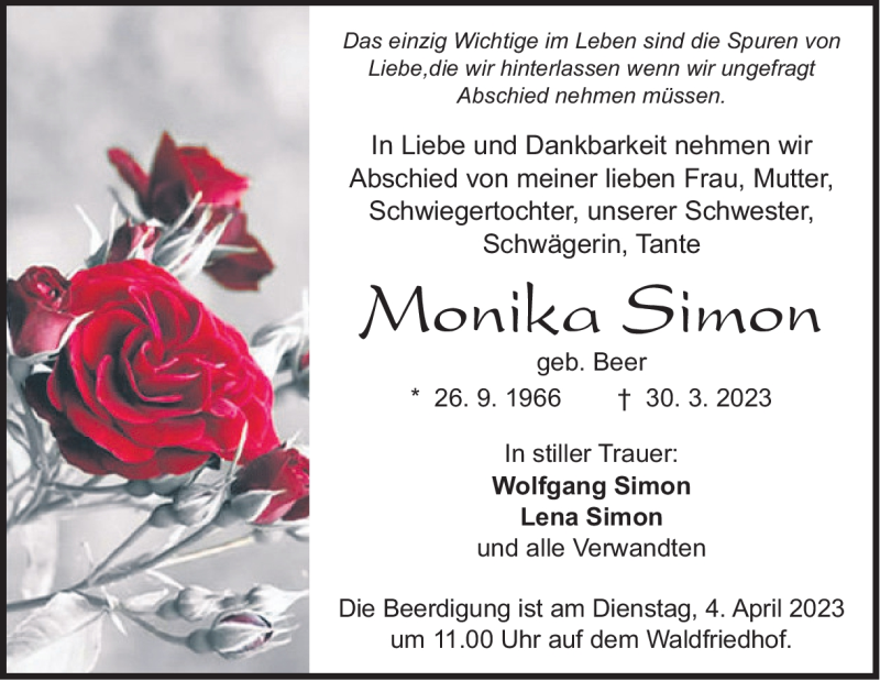  Traueranzeige für Monika Simon vom 01.04.2023 aus Heidenheimer Zeitung