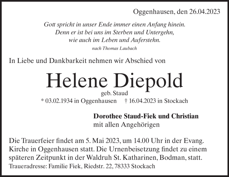  Traueranzeige für Helene Diebold vom 26.04.2023 aus Heidenheimer Zeitung