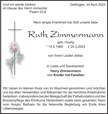 Traueranzeige von Ruth Zimmermann von Heidenheimer Zeitung