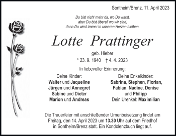 Traueranzeige von Lotte Prattinger von Heidenheimer Zeitung