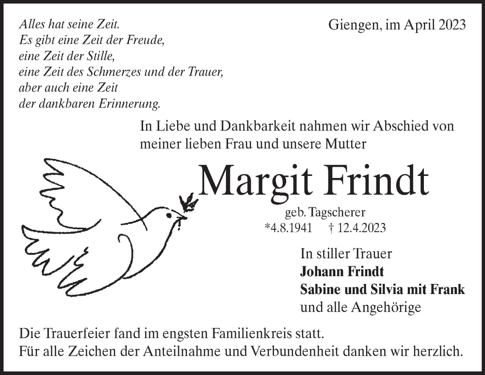  Traueranzeige für Margit Frindt vom 21.04.2023 aus Heidenheimer Zeitung