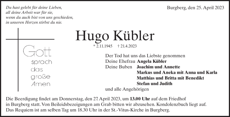  Traueranzeige für Hugo Kübler vom 25.04.2023 aus Heidenheimer Zeitung