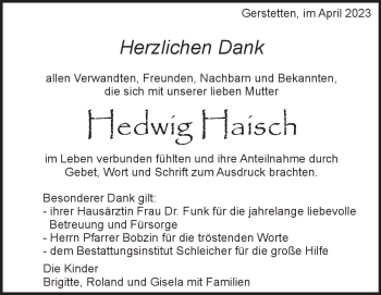 Traueranzeige von Hedwig  Haisch  von Heidenheimer Zeitung