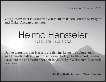 Traueranzeige von Heimo Hensseler von Heidenheimer Zeitung