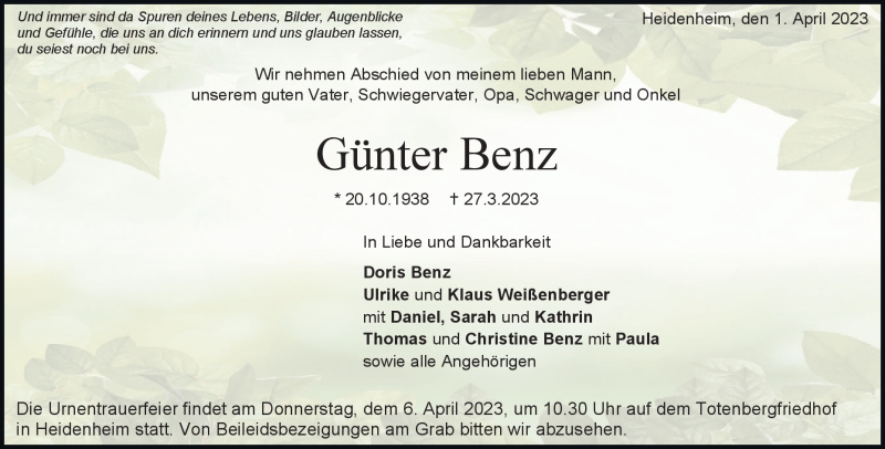  Traueranzeige für Günter Benz vom 01.04.2023 aus Heidenheimer Zeitung