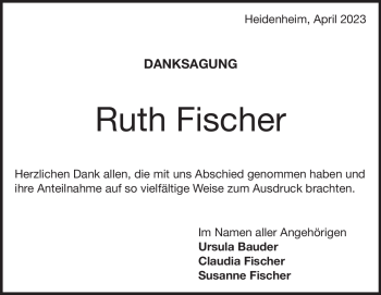 Traueranzeige von Ruth Fischer von Heidenheimer Zeitung