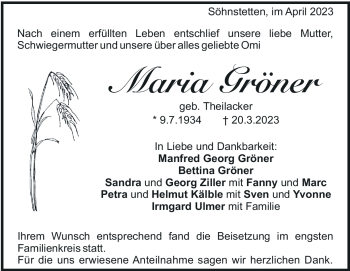 Traueranzeige von Maria  Gröner  von Heidenheimer Zeitung