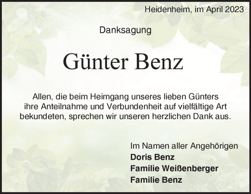  Traueranzeige für Günter Benz vom 15.04.2023 aus Heidenheimer Zeitung