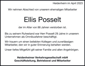Traueranzeige von Ellis Posselt von Heidenheimer Zeitung