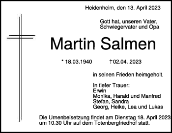 Traueranzeige von Martin Salmen von Heidenheimer Zeitung