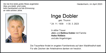 Traueranzeige von Inge Dobler von Heidenheimer Zeitung