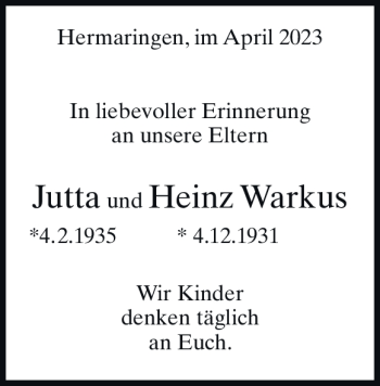 Traueranzeige von Heinz Warkus von Heidenheimer Zeitung