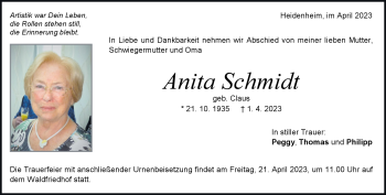 Traueranzeige von Anita Schmidt von Heidenheimer Zeitung