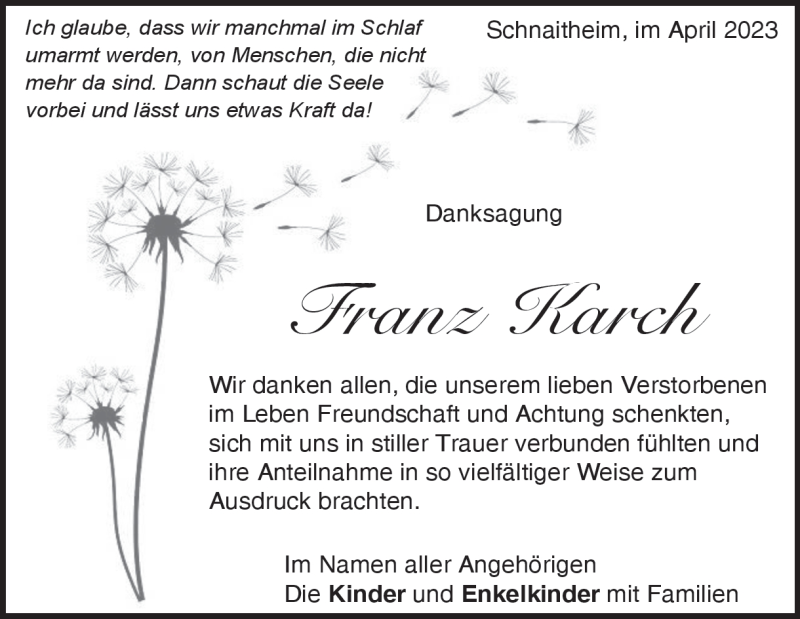  Traueranzeige für Franz Karch vom 29.04.2023 aus Heidenheimer Zeitung