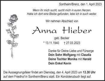 Traueranzeige von Anna Hieber von Heidenheimer Zeitung