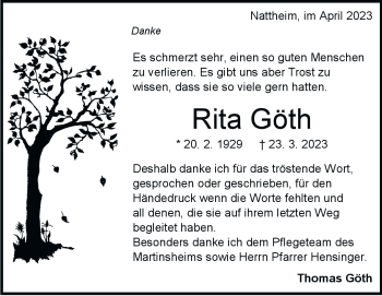 Traueranzeige von Rita  Göth  von Heidenheimer Zeitung