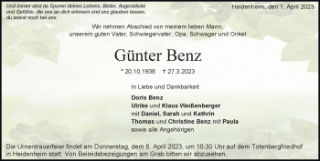 Traueranzeige von Günter Benz von Heidenheimer Zeitung