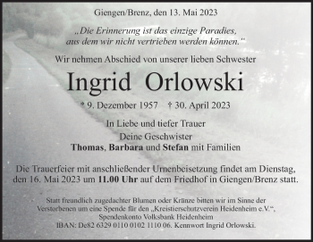 Traueranzeige von Ingrid Orlowski von Heidenheimer Zeitung