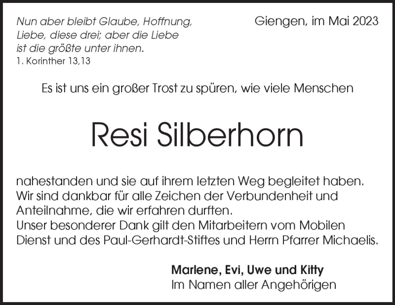  Traueranzeige für Resi Silberhorn vom 31.05.2023 aus Heidenheimer Zeitung