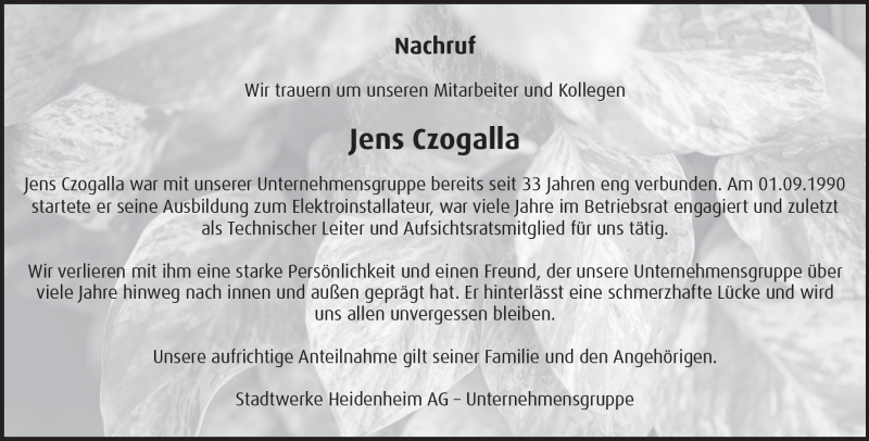  Traueranzeige für Jens Czogalla vom 17.05.2023 aus Heidenheimer Zeitung