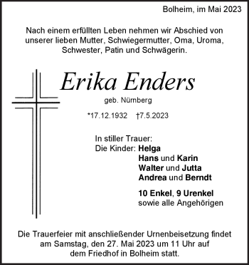 Traueranzeige von Erika Enders von Heidenheimer Zeitung