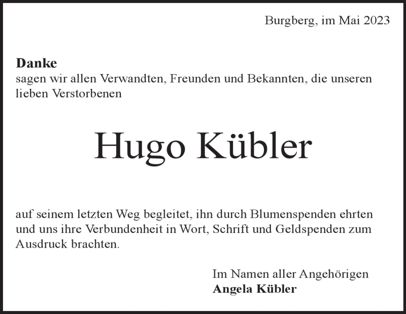  Traueranzeige für Hugo Kübler vom 05.05.2023 aus Heidenheimer Zeitung