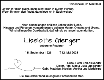 Traueranzeige von Liselotte Gienger von Heidenheimer Zeitung