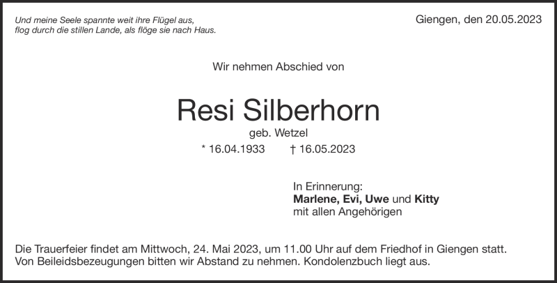 Traueranzeige für Resi Silberhorn vom 20.05.2023 aus Heidenheimer Zeitung