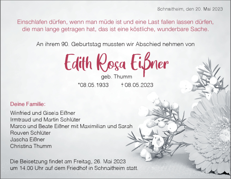  Traueranzeige für Edith Rosa Eißner vom 23.05.2023 aus Heidenheimer Zeitung