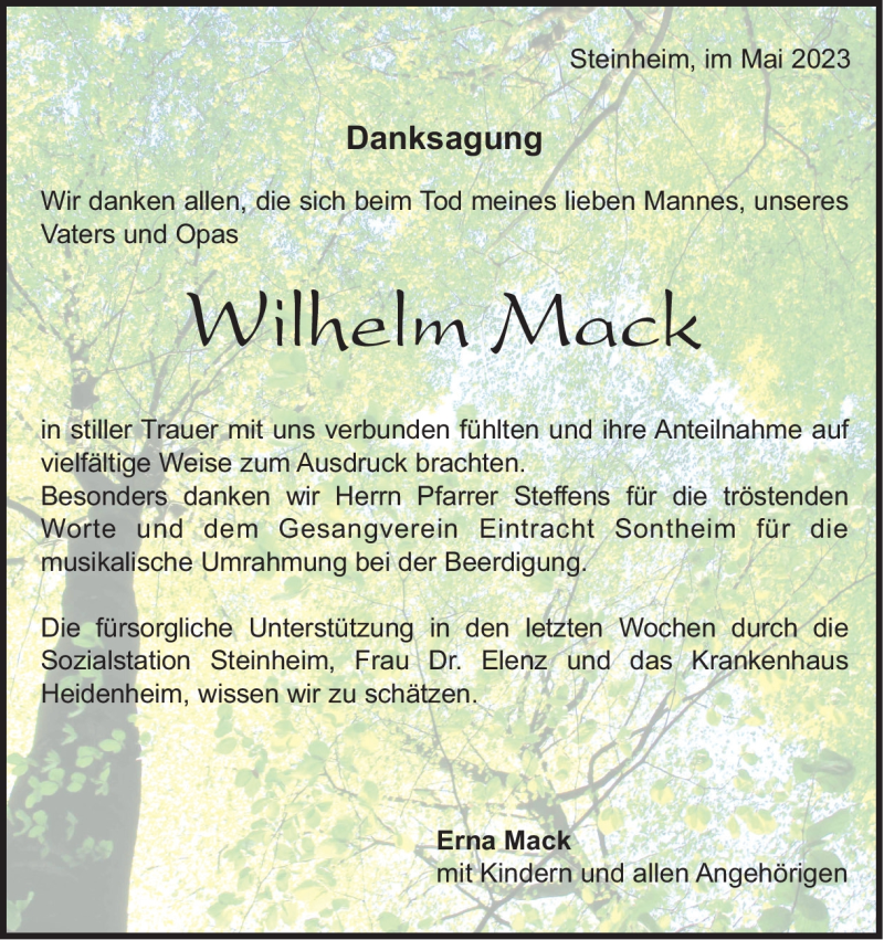  Traueranzeige für Wilhelm Mack vom 31.05.2023 aus Heidenheimer Zeitung