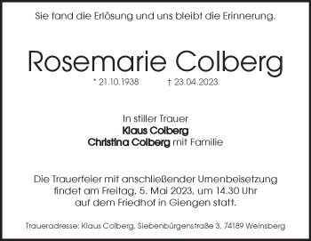 Traueranzeige von Rosemarie Colberg von Heidenheimer Zeitung