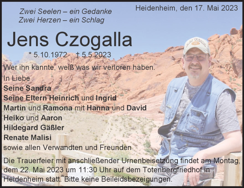  Traueranzeige für Jens Czogalla vom 17.05.2023 aus Heidenheimer Zeitung