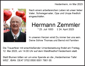 Traueranzeige von Hermann Zemmler von Heidenheimer Zeitung