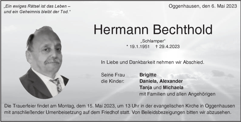 Traueranzeige für Hermann  Bechthold vom 06.05.2023 aus Heidenheimer Zeitung