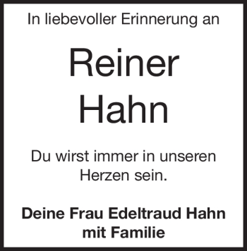Traueranzeige von Reiner Hahn von Heidenheimer Zeitung