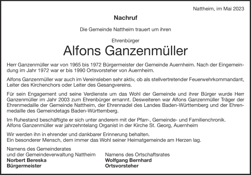  Traueranzeige für Alfons  Ganzenmüller vom 19.05.2023 aus Heidenheimer Zeitung