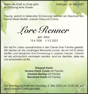 Traueranzeige von Lore  Renner  von Heidenheimer Zeitung