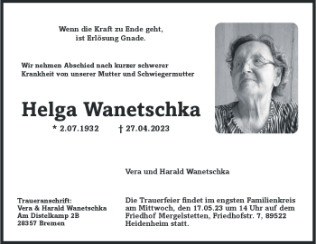 Traueranzeige von Helga Wanteschka von Heidenheimer Zeitung
