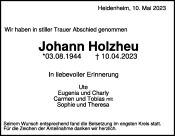 Traueranzeige von Johann Holzheu von Heidenheimer Zeitung