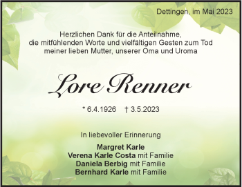 Traueranzeige von Lore  Renner  von Heidenheimer Zeitung