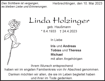 Traueranzeige von Linda Holzinger von Heidenheimer Zeitung