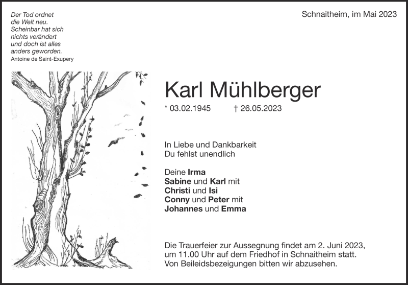  Traueranzeige für Karl  Mühlberger vom 31.05.2023 aus Heidenheimer Zeitung