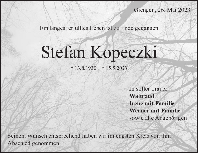  Traueranzeige für Stefan Kopeczki vom 26.05.2023 aus Heidenheimer Zeitung